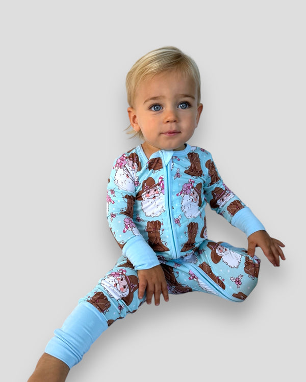 Convertible Onesie Cowboy Santa Teal