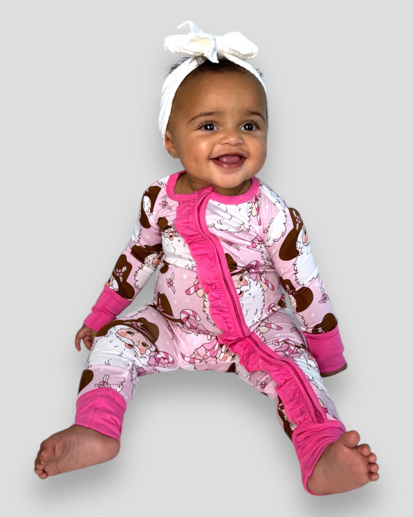 Ruffle Convertible Onesie Cowboy Santa Pink